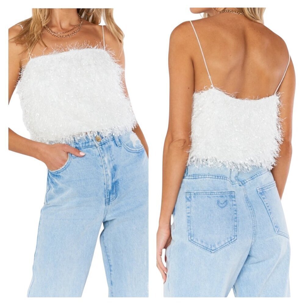 Show Me Your Mumu White She Cute Top Medium Fuzzy Sequin Tank NWT $98